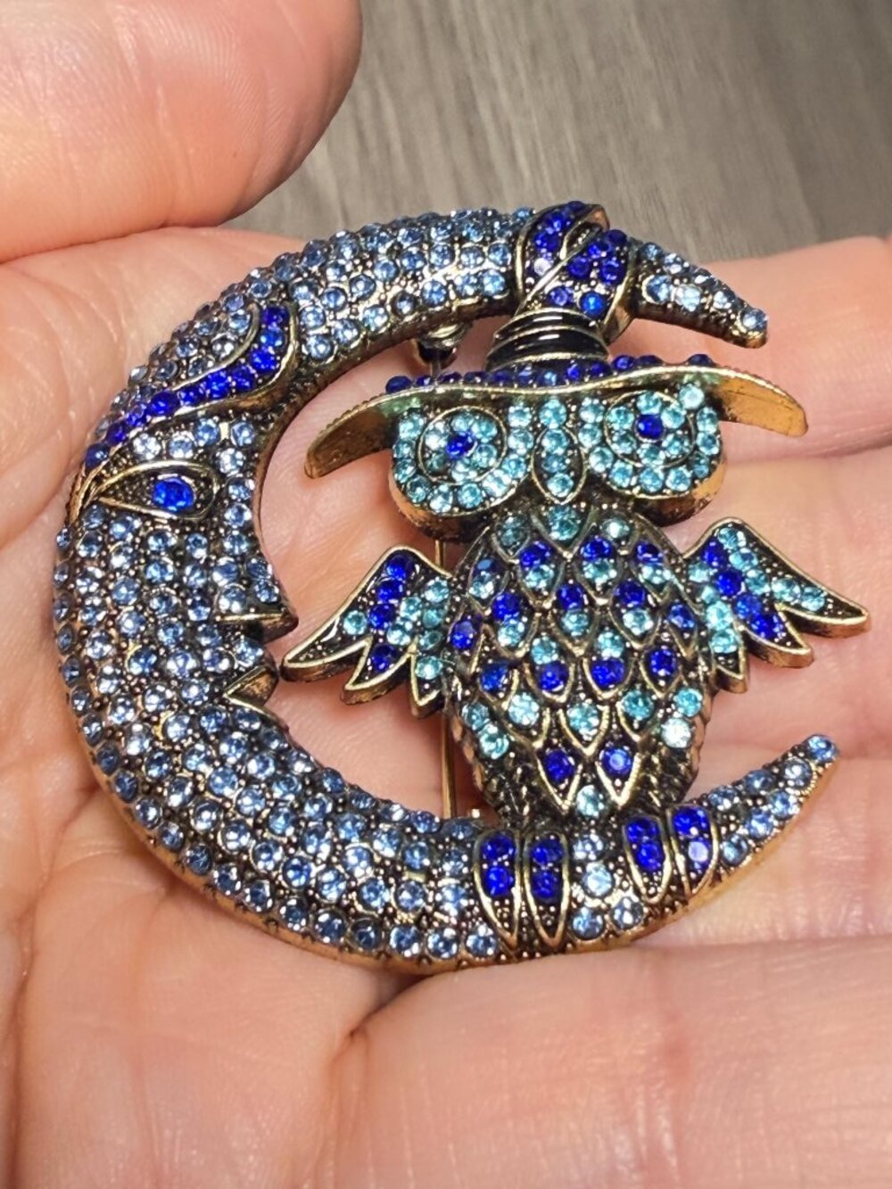 Owl on Crescent Moon Brooch Blue Rhinestones Witch Hat 2 inches - Picture 4 of 5